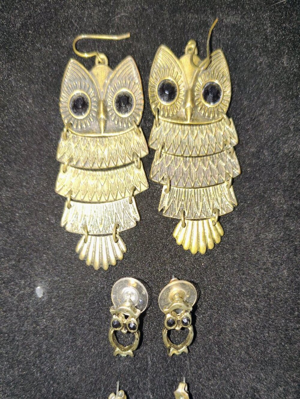 Vintage Owl Earrings Bundle – Bronze Dangles, Gold Coutout Studs, Rhinestone